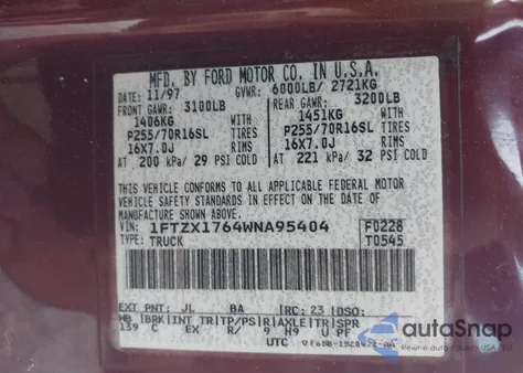 1998 Ford F-150 Lariat/Standard/Xl/Xlt z USA, uszkodzony, nr VIN 1FTZX1764WNA95404